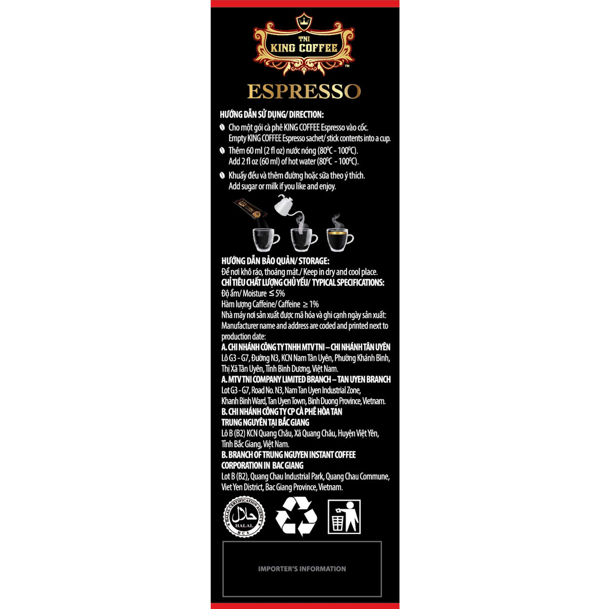TNI King Coffee Espresso Instant Coffee Vietnamese Coffee, Trung Nguyen International, Arabica Instant Coffee Mix, Medium Roast, 15 Sticks Per Box x 2.5g, Pack of 12