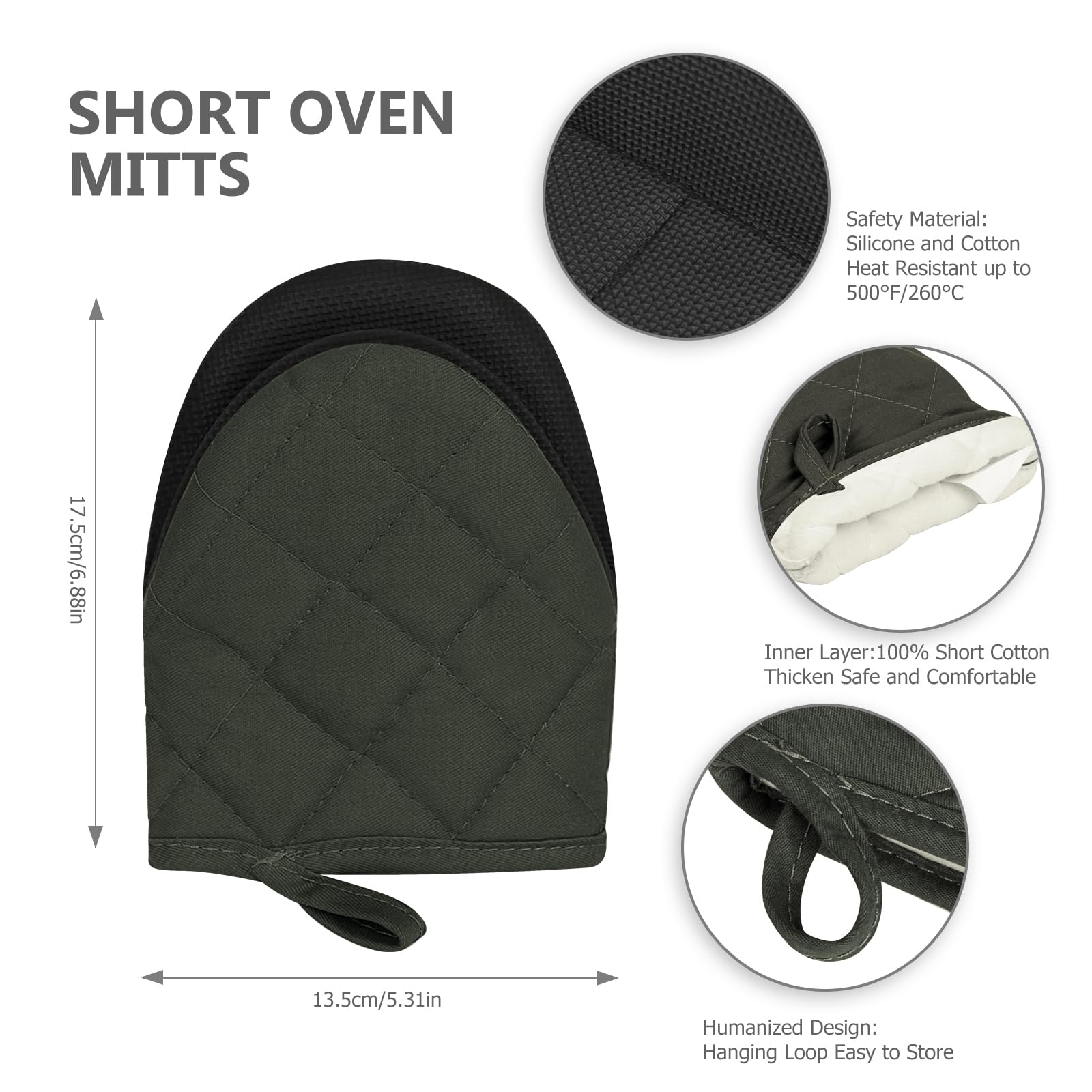 Short Oven Mitts, Heat Resistant 500°F, Silicone Grip Kitchen Gloves, Non-Slip for Baking, Grilling, BBQ, Machine Washable with Hanging Loop, 2-Pack Set, Black