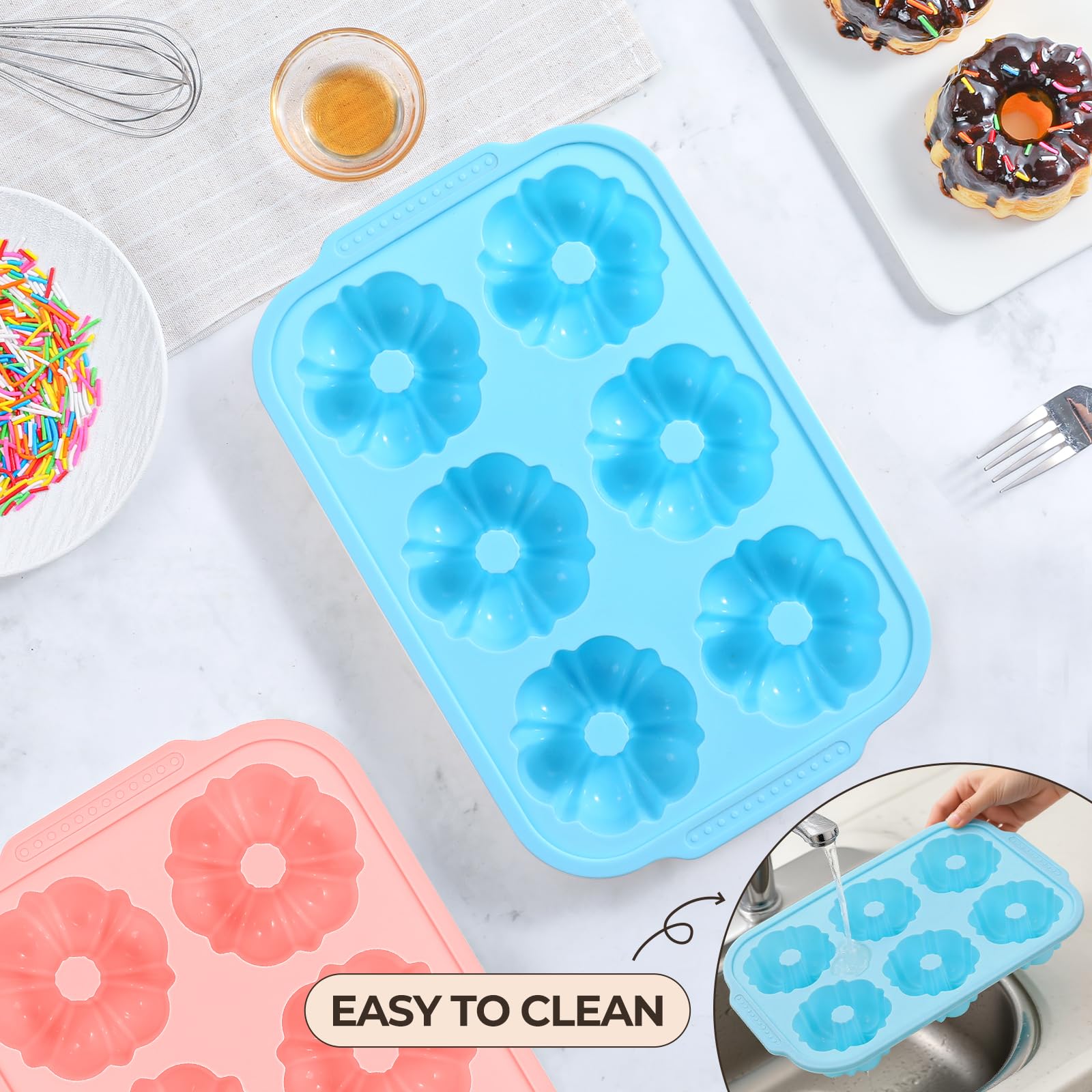 FUNBAKY Mini Fluted Tube Cake Pans for Baking with Metal Reinforced Frame, 2Pcs Silicone 6-Cavity Mini Flan Molds, Nonstick Baking Mold for Cupcake, Brownie, Donuts, Cornbread, Jello