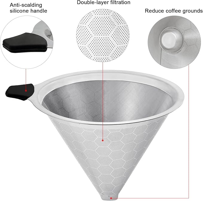 Pour Over Coffee Filters Compatible with Hario V60 02 03 & Chemex - Reusable Stainless Steel Permanent Filter Cone Dripper Coffee Maker and Bar Accessories