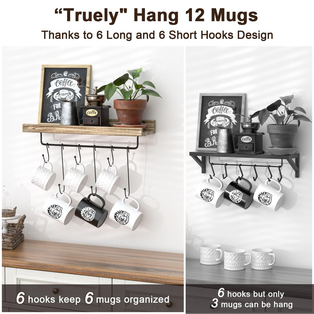Filano Coffee Cup Holder 2 Pack Coffee Bar Shelf with 12 Mug Hooks, Mug Organizer Floating Mug Racks for Wall, Coffee Cup Display Hanger Pods Holder, Farmhouse Coffee Bar Decor Kitchen Accessories