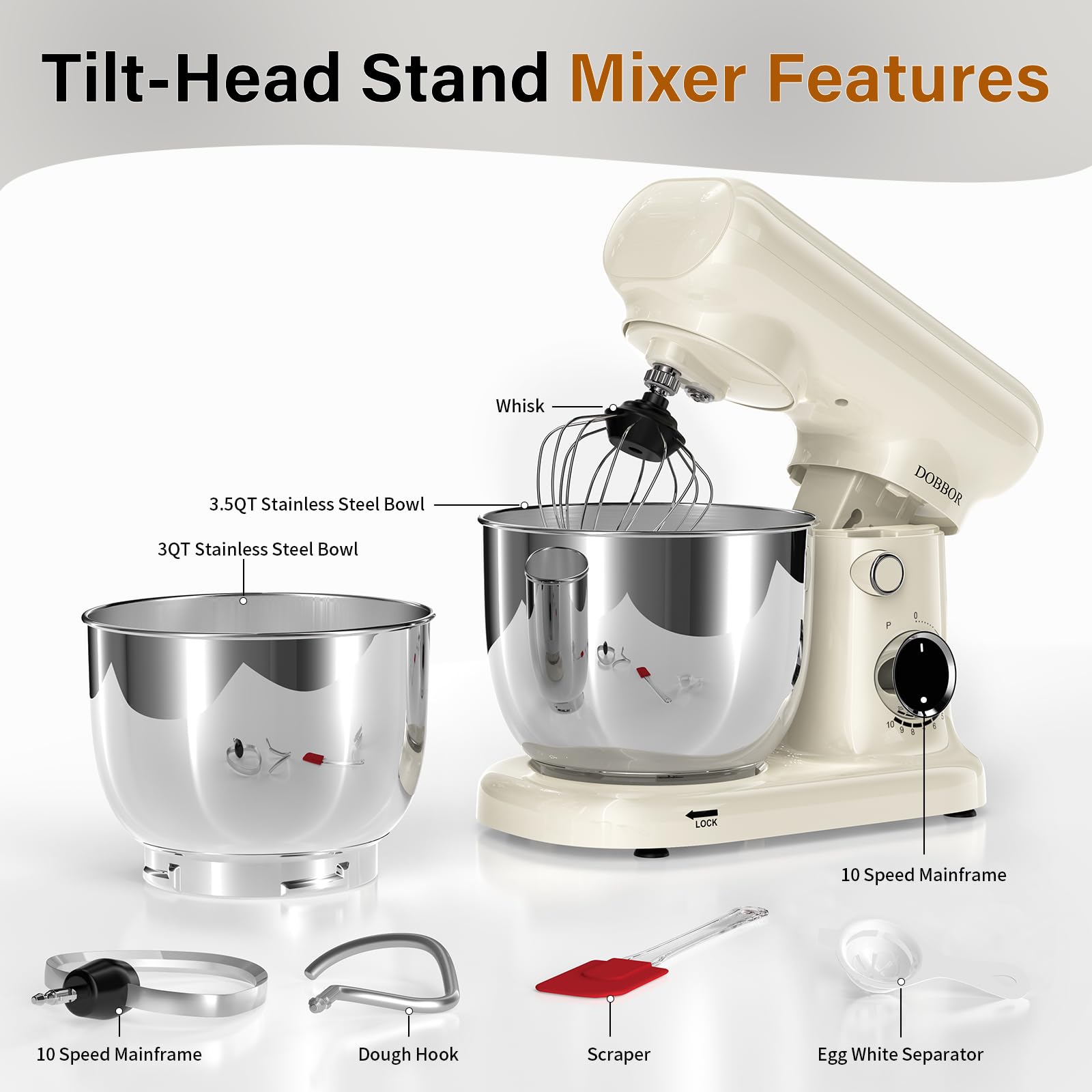 Stand Mixer with 3QT+3.5QT Dual Bowls, 10-Speed Electric 300W Food Mixer - Includes Egg Whisk, Dough Hook & Flat Beater for Home Baking & Daily Cooking (White)