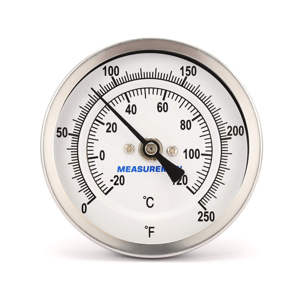 MEASUREMAN Fully Stainless Steel Pot, Kettle, Brewing Bimetal Thermometer, 3" Dial, 4" Stem, 0-250 deg F/-20-120 deg C, -1% Accuracy, Adjustable, 1/2" NPT Back Mount