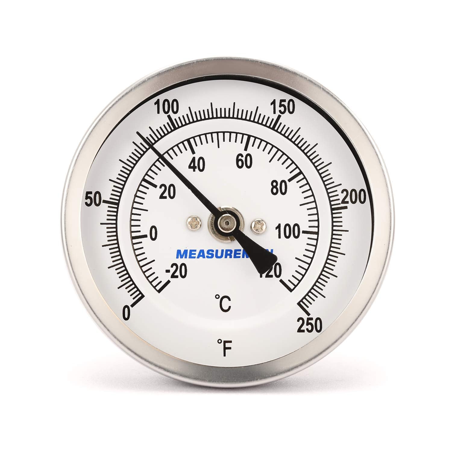 MEASUREMAN Fully Stainless Steel Pot, Kettle, Brewing Bimetal Thermometer, 3" Dial, 4" Stem, 0-250 deg F/-20-120 deg C, -1% Accuracy, Adjustable, 1/2" NPT Back Mount