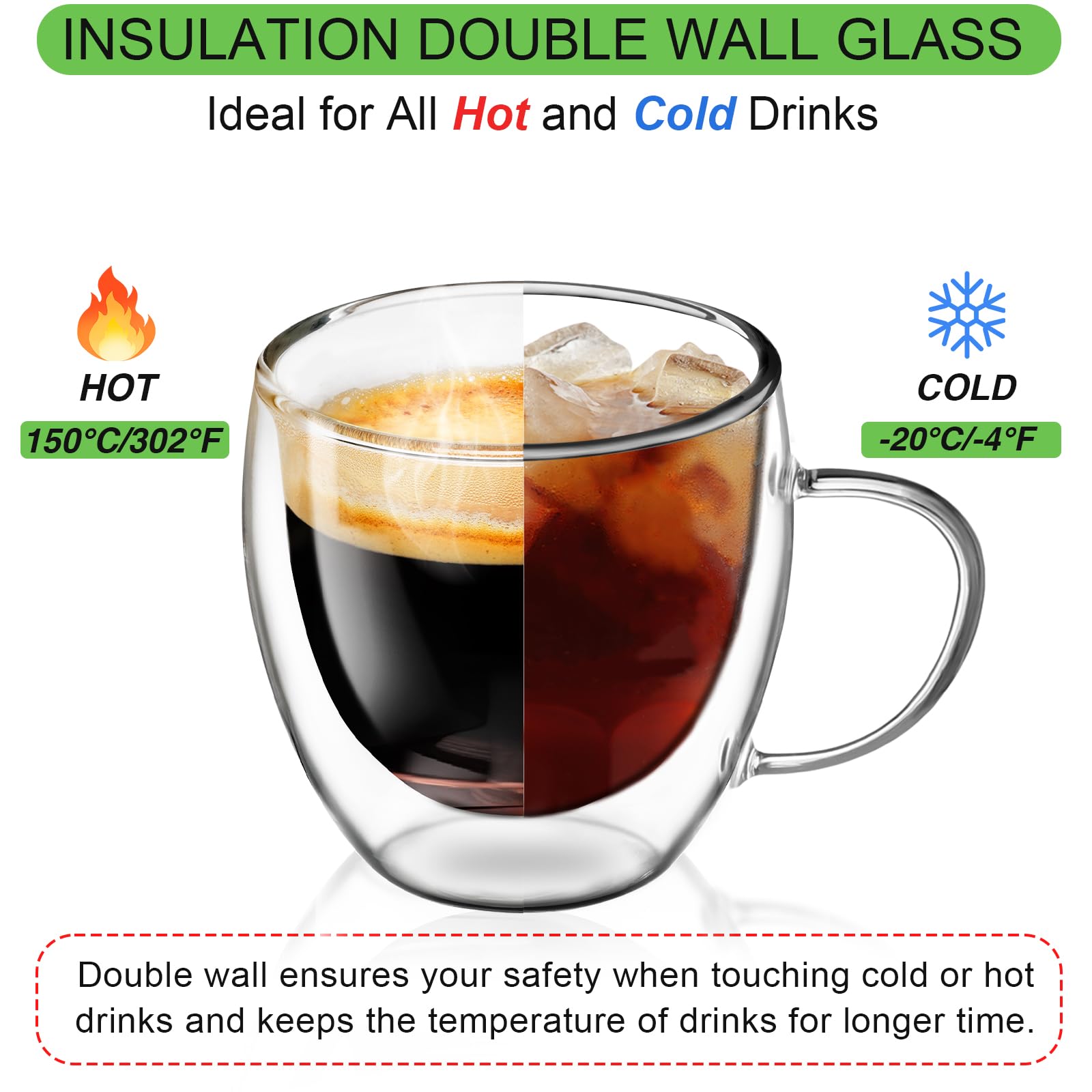 Glass Coffee Cups Set of 4, 8.5oz Double Walled Glass Mugs with Handles, Clear Insulated Coffee Mug Espresso Cups, Cappuccino Latte Tea Cups Set, Heat Resistant Borosilicate Clear Glasses