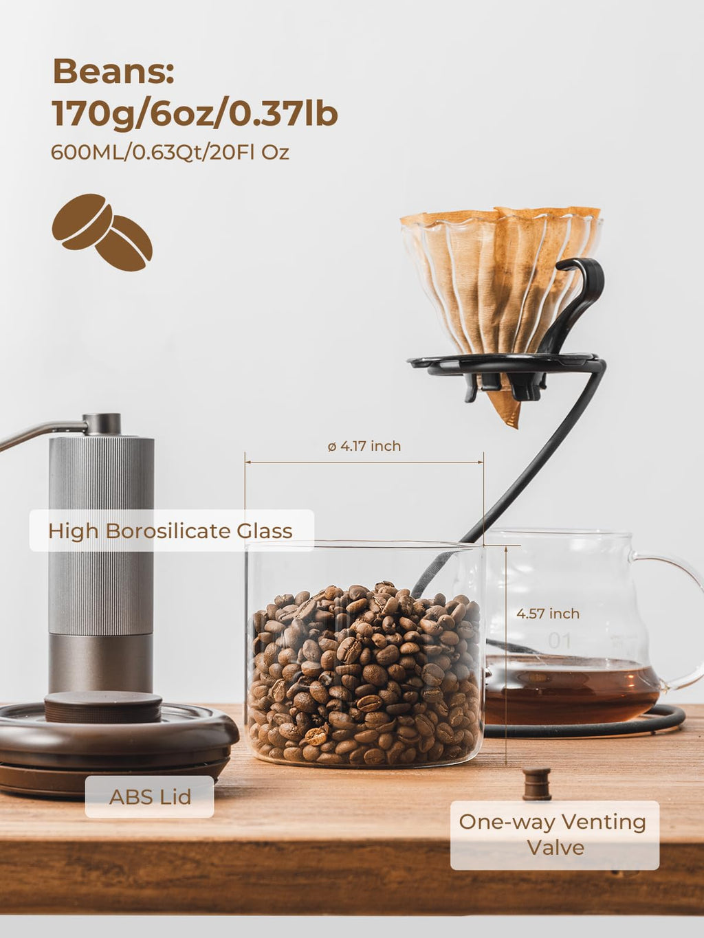 7 oz Coffee Canister, Clear Glass Jar with Airtight Pop Lid and CO₂ Valve