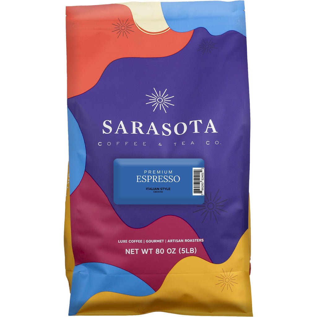 Sarasota Coffee Ground Espresso | Dark Roast Gourmet Coffee Grounds | Low Acid, Mold Free, Specialty Grade, Bulk Ground Espresso Coffee | 5lb (80 oz)