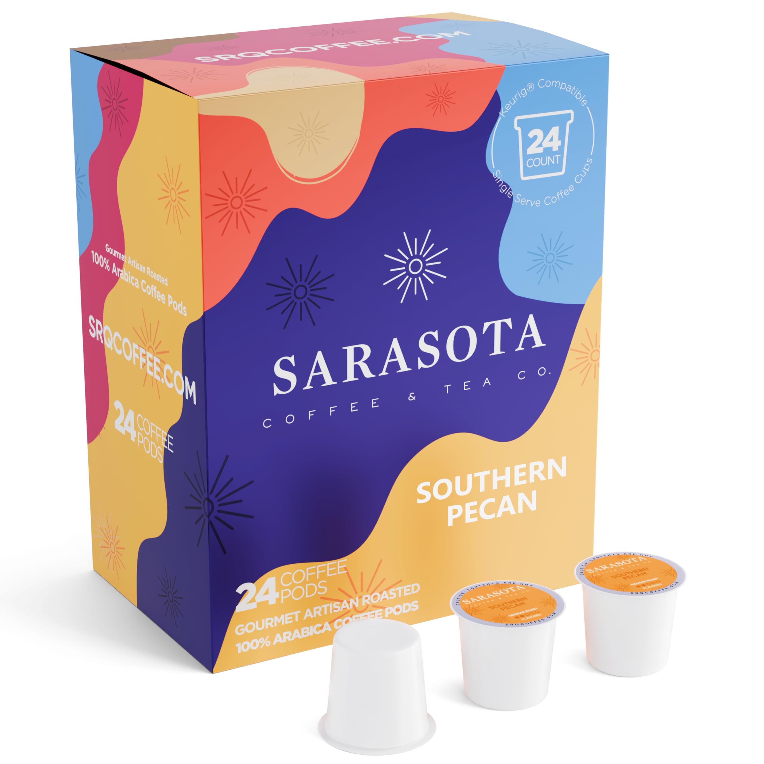 Sarasota K-Cup Coffee Pods | Medium Roast Flavored Coffee | Southern Pecan Crunch | Single Serve for Keurig Brewers | Gourmet, Low Acid, Mold Free | 24 Count