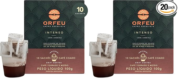 ORFEU - Special Coffee Intense - Drip Sachet - 100% Arabica Coffee, Dark Roast, Aroma of Toasted Caramel & Fruit Jam, Low Acidity, Made In Brazil, Velvety Body - 10 Units, 100g (Pack of 2)