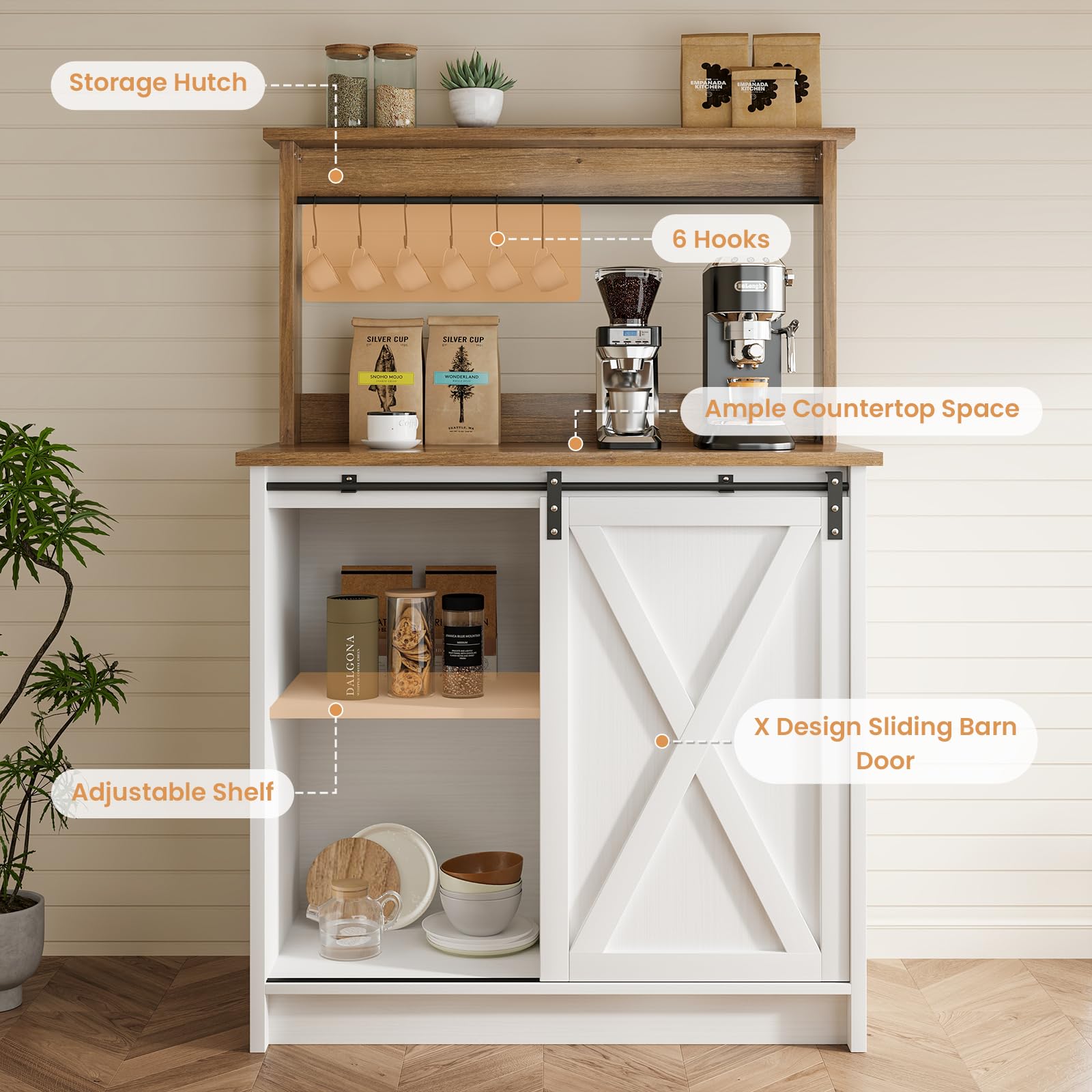 4ever2buy Farmhouse Coffee Bar Cabinet with Sliding Barn Door, 31.5", White
