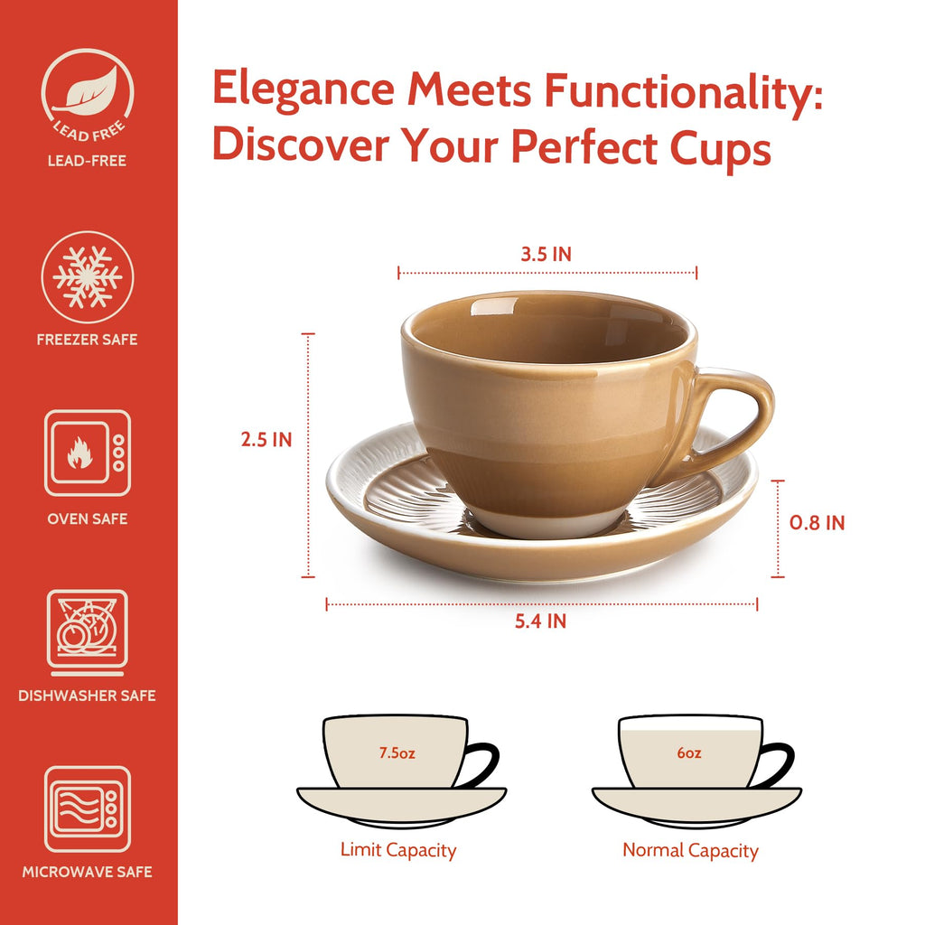 Sweese 6 Ounce Cappuccino Cups with Saucers, Porcelain Double Espresso Cups Set of 4 - Yellow