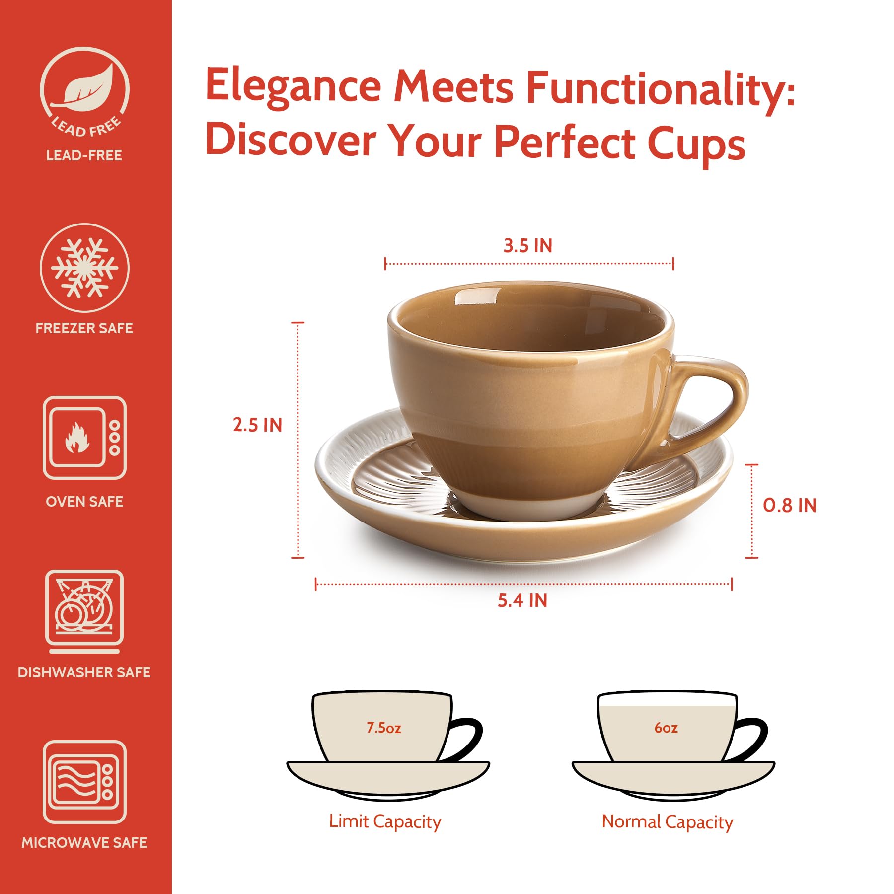 Sweese 6 Ounce Cappuccino Cups with Saucers, Porcelain Double Espresso Cups Set of 4 - Yellow