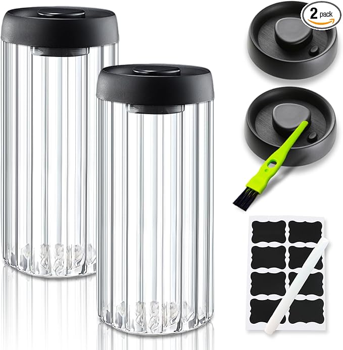 Vacuum Coffee Canister,2PCS 61FLOZ Borosilicate Glass Jar with Spare Airtight lid, Label and Brush, Coffee Bean Storage for Coffee Beans & Grounds Coffee(Clear Glass)