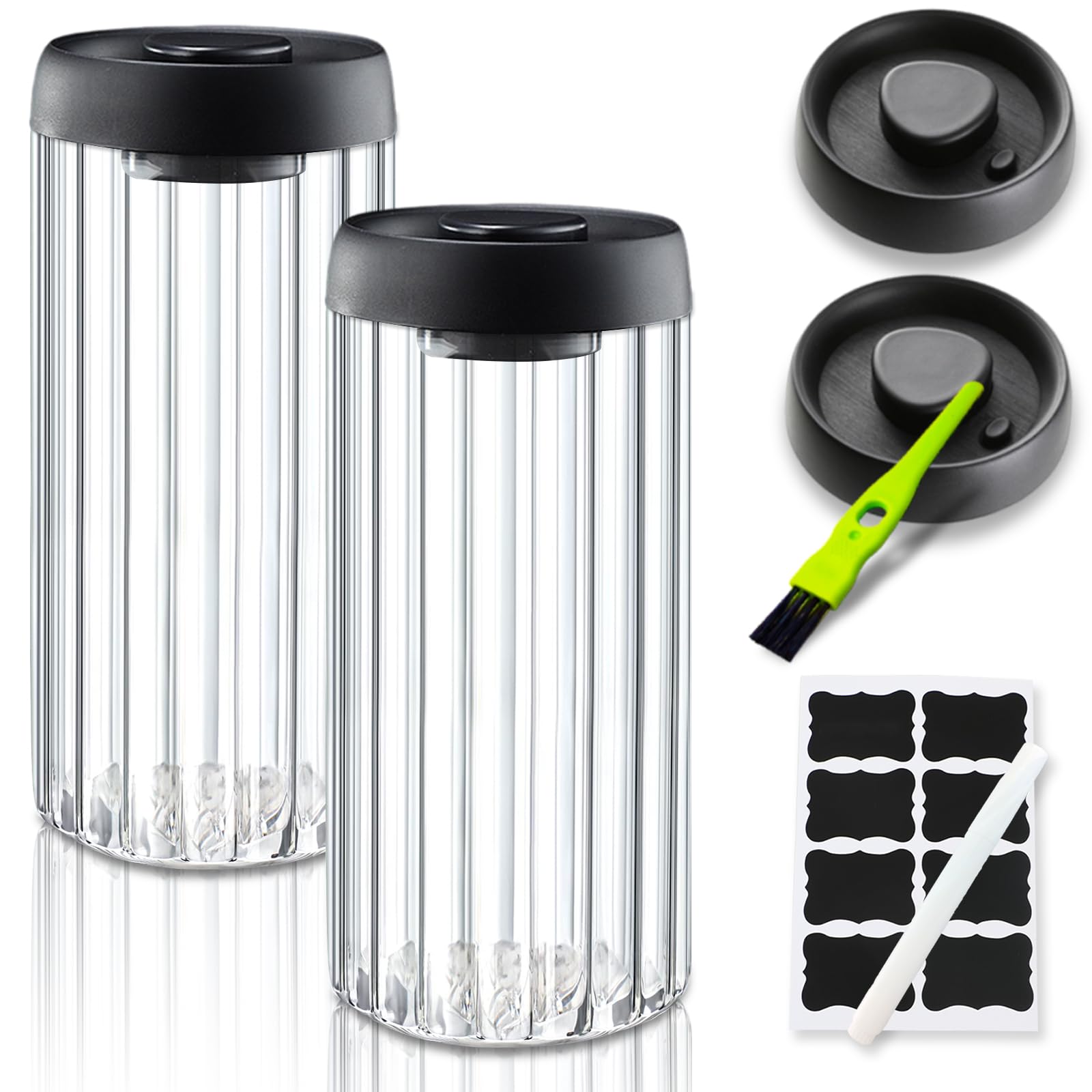HelpyLife Vacuum Coffee Canister,2PCS 61FLOZ Borosilicate Glass Jar with Spare Airtight lid, Label and Brush, Coffee Bean Storage for Coffee Beans & Grounds Coffee(Clear Glass)
