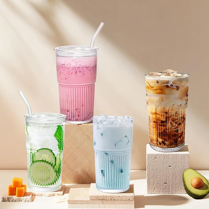 18.5oz Glass Cups with Lids and Straws – Single Reusable Tumbler, Thickened Shatter-Resistant Glass, Ideal for Iced Coffee, Smoothies, Cocktails, Juices – Elegant & Durable Drinkware