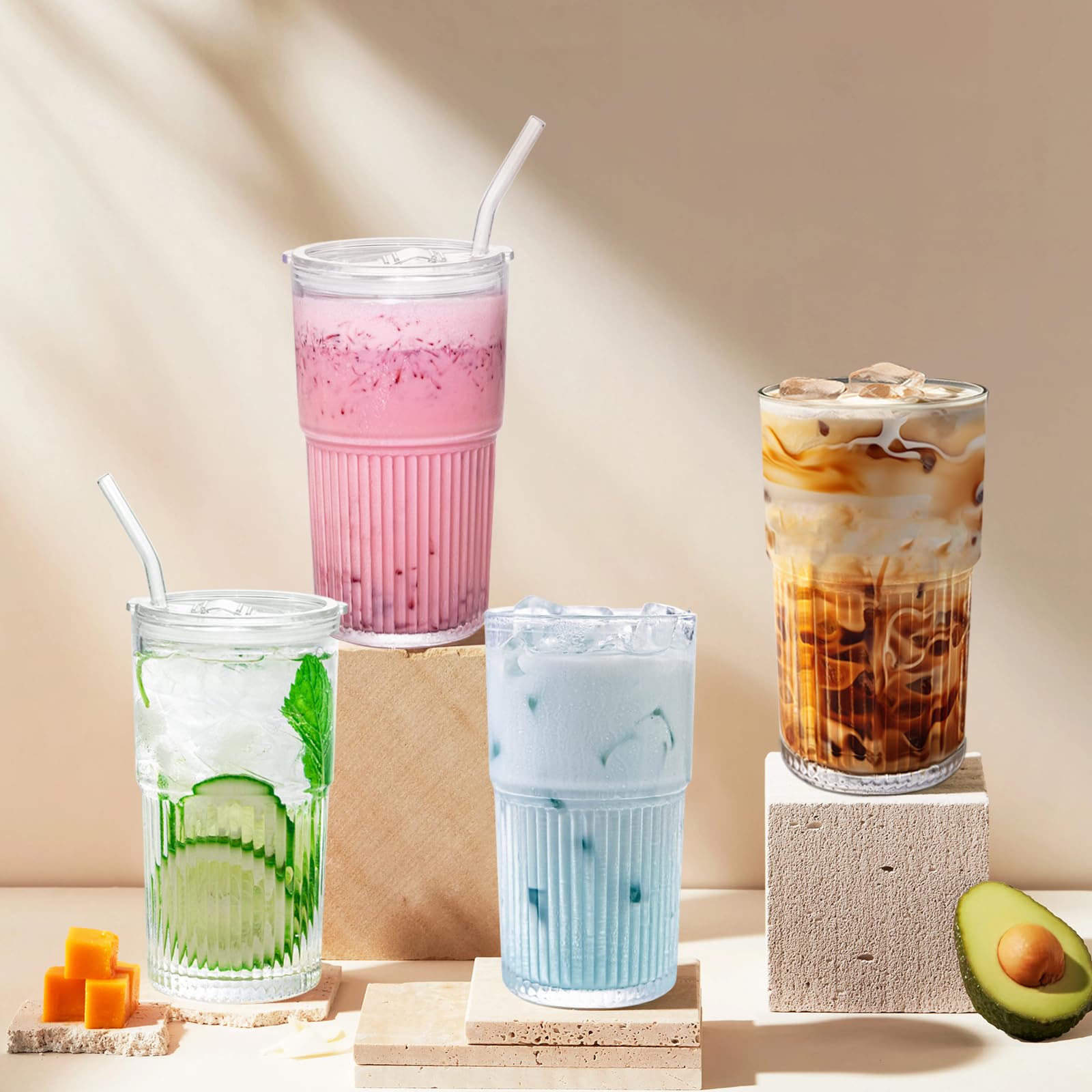 Luiaiog 18.5oz Glass Cups with Lids and Straws - Set of 4 Reusable Tumblers, Thickened Shatter-Resistant Glass, Ideal for Iced Coffee, Smoothies, Cocktails, Juices - Elegant & Durable Drinkware