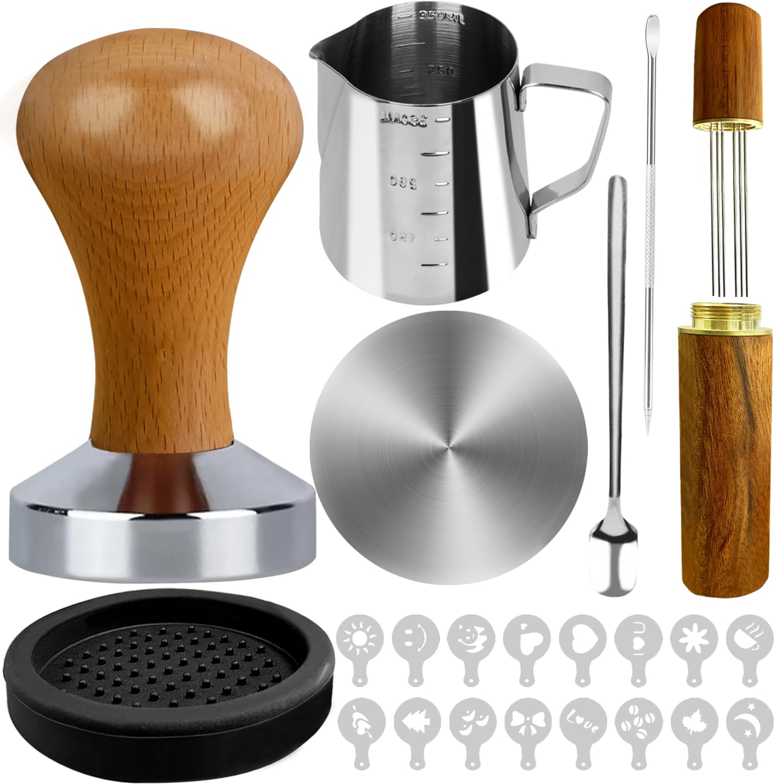 22 PCS Espresso Tamper Set, Espresso Accessories Barista Kit with 51mm Coffee Tamper, WDT Tool, Frothing Pitcher, Latte Art Pen, Coffee Stirrer, Tamper Mat, 16 Coffee Stencils for Espresso Machine