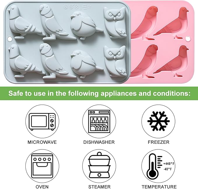 Bird-Themed Chocolate Mold Set - Food-Grade Silicone Baking Molds with Parrot, Owl, Dove & Sparrow, Reusable for Nature Cakes, Baby Showers & Bird Lover Gifts - 2 Pack