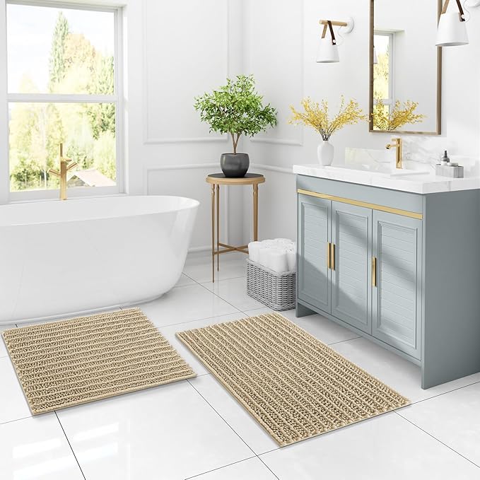 Arotive Luxury Chenille Bathroom Rug Mat, Extra Soft Thick Absorbent Shaggy Bath Rugs, Non-Slip Machine Wash Dry, Plush Bath Mats for Bathroom, Shower and Tub, 36x24, Beige