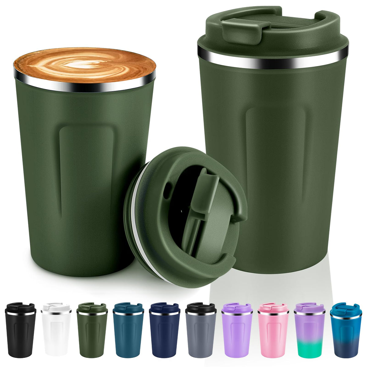 Volhoply 12 oz Double Wall Insulated Vacuum Travel Coffee Mug with Flip Lid Bulk 4 Pack,Reusable Stainless Steel Leak Proof Coffee Cups,Portable Cafe Thermal Tumbler for Hot & Cold Drinks(White,4 Set)