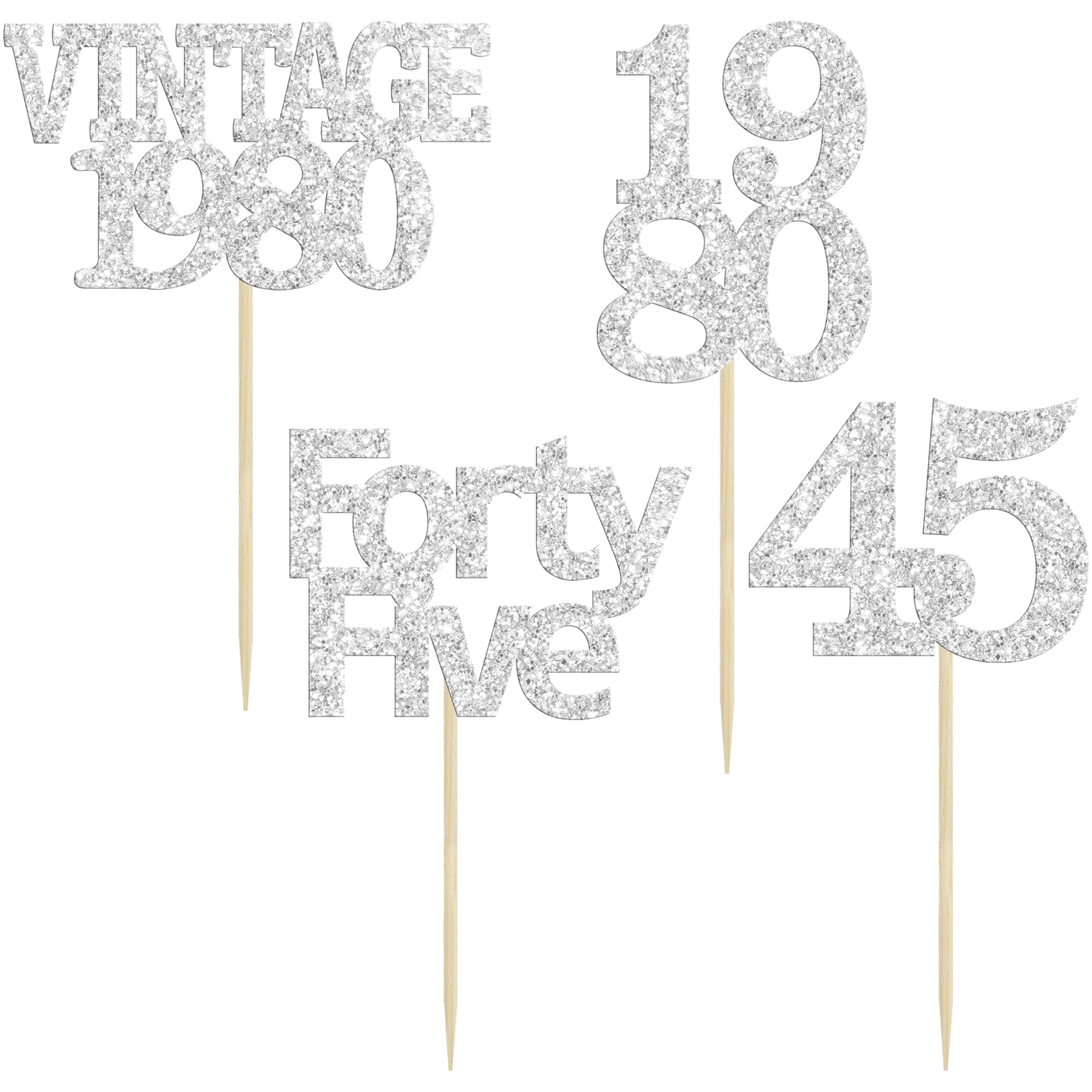Gyufise 24Pcs 45th Birthday Cupcake Toppers Glitter Cheers to 45 Fabulous Forty Five Vintage 1980 Cupcake Picks 45th Birthday Wedding Anniversary Party Cake Decorations Supplies Silver
