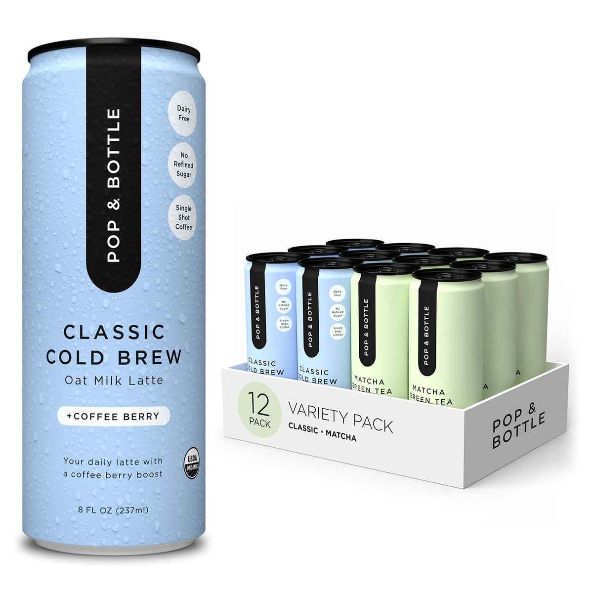 Pop & Bottle - Oat Milk Lattes, Cold Brew, Maca - Variety, 8 Fl Oz (6 Pack)