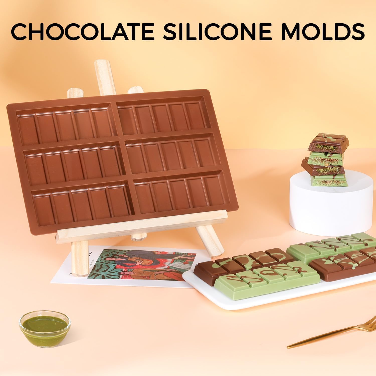 Fimary Chocolate Bar Mold - Non-Stick Silicone Chocolate Molds, Food Grade Dubai Deep Chocolate Bar Mold for Milk Pistachio - Set of 2