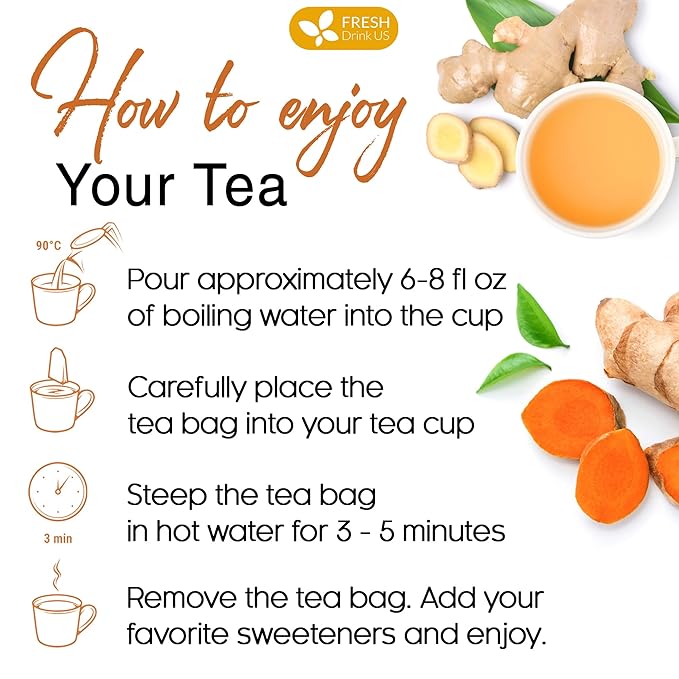 FreshDrinkUS, Premium 85 Ginger Turmeric Tea Bags, 100% Natural Ingredients, Hand-made Blend of Ginger and Turmeric Herbal Tea, Eco-conscious Tea Bags. No Sugar, No Caffeine, No Gluten, Vegan.