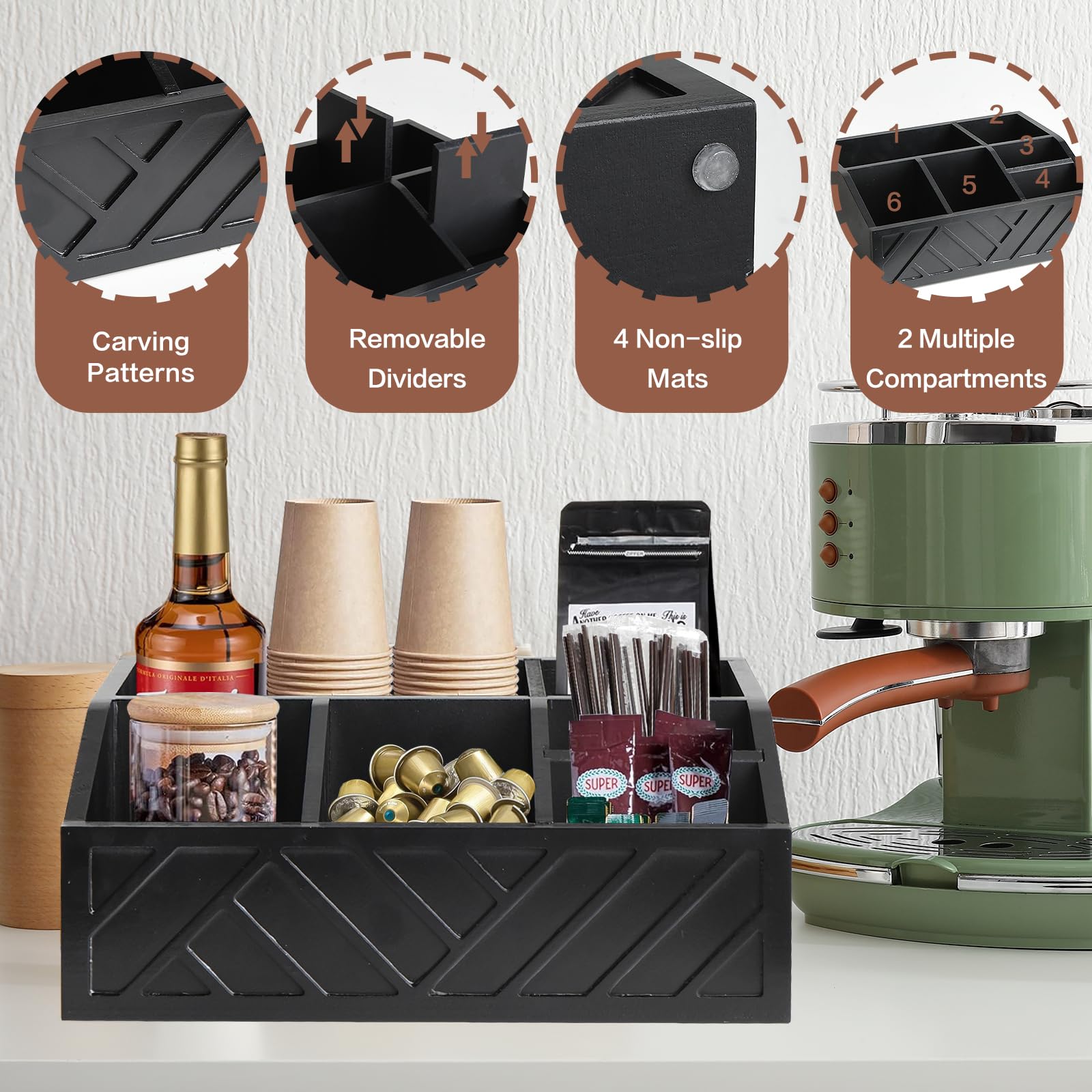 Ukonvi Coffee Pod Holder and Bar Accessories, Wood Station Organizer for Decor, Syrup and Condiment Organizer, Black