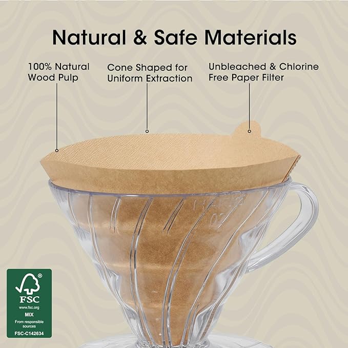 V60 Coffee Filters 02, ONIOU Unbleached Size 02 Cone Coffee Filters, 100 Count Natural Brown Pour Over Paper Filters for Hario V60 & Others 1–4 Cup Coffee Dripper