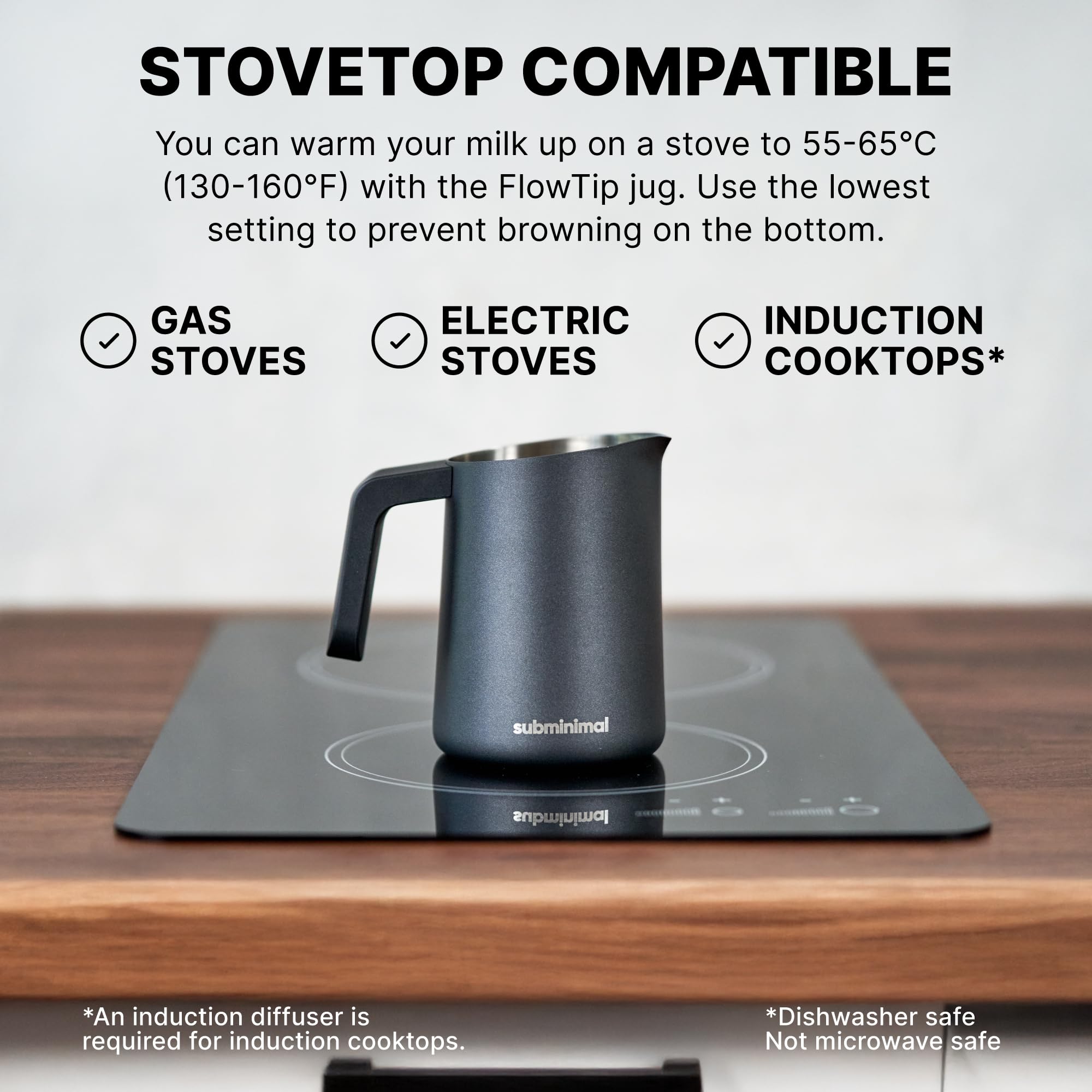Subminimal FlowTip Milk Jug - Stovetop Milk Frothing, Foaming Pitcher for Barista-Style Coffee - Cappuccino & Latte Art Pouring Jug with Heat Resistant Handle - 450ml, Black