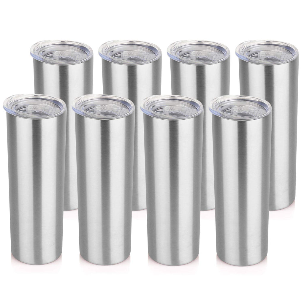 HASLE OUTFITTERS 20 oz Skinny Tumblers Bulk Set, Stainless Steel Insulated Slim Tumblers with Lids Travel Water Cups(Stainless Steel, 8)