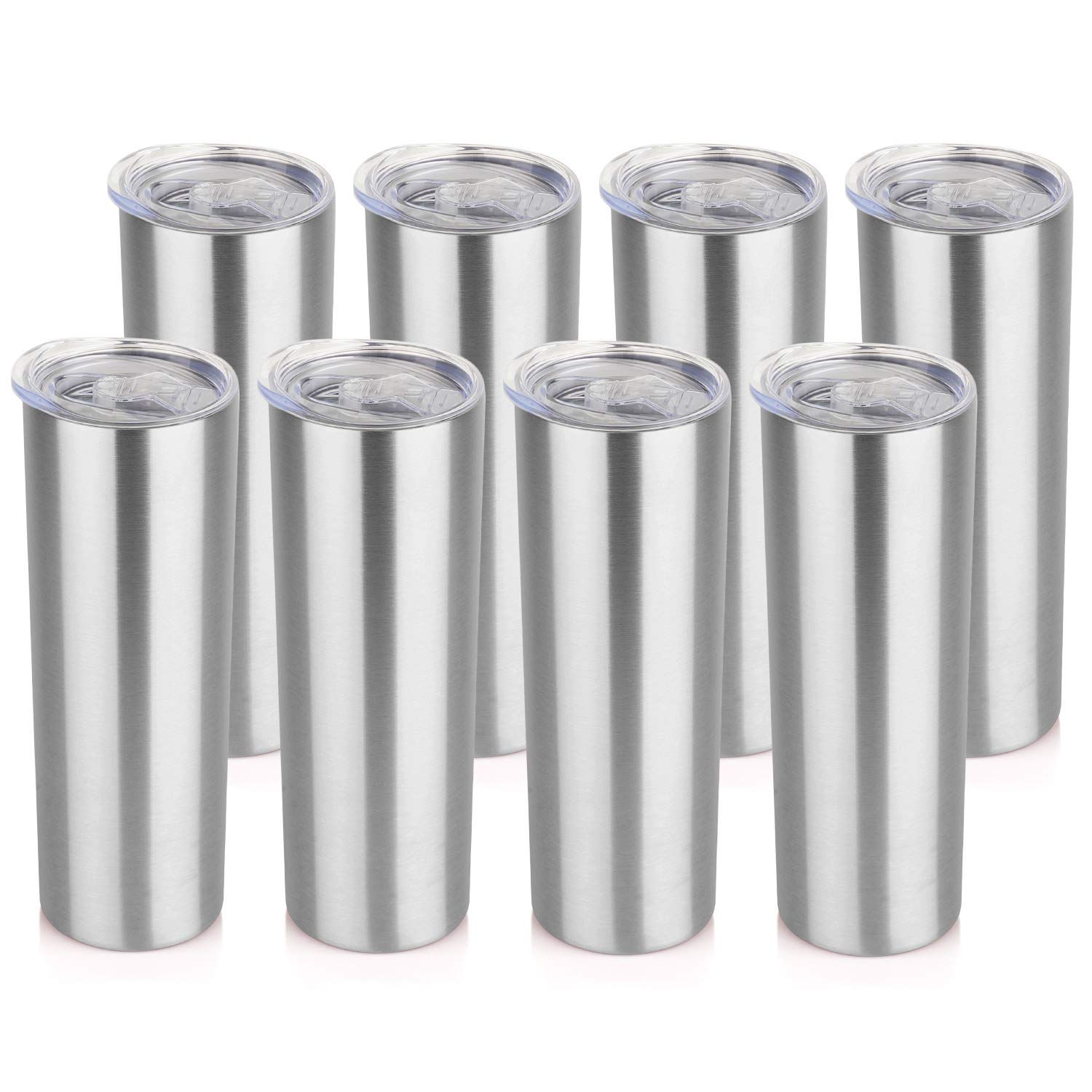 HASLE OUTFITTERS 20 oz Skinny Tumblers Bulk Set, Stainless Steel Insulated Slim Tumblers with Lids Travel Water Cups(Stainless Steel, 8)