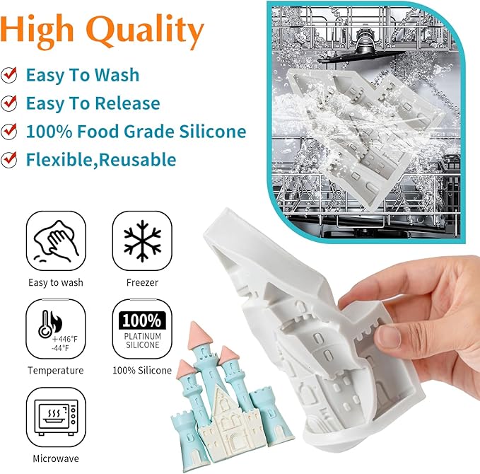 KALAIEN Castle Silicone Mold,3Pcs/Set Castle Cake Fondant Molds,Princess Chocolate Molds Castle Silicone Mirror Mould for Cake Decorating, FTM5036