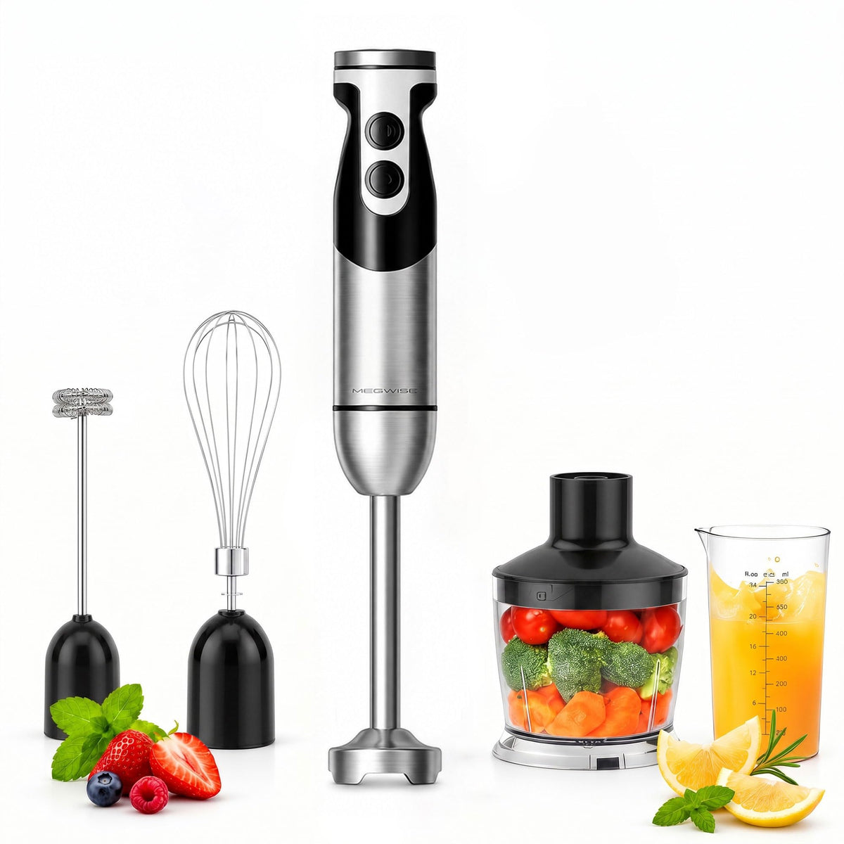 MEGAWISE 5-in-1 Immersion Hand Blender, 400W, Variable Speed, Red