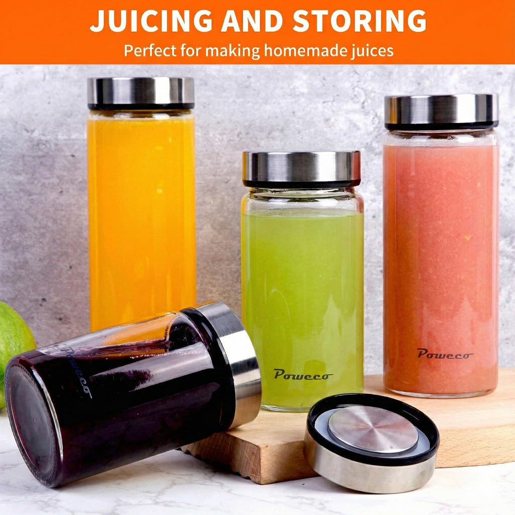 poweco Glass Juice Bottles 6 Pack 16 oz - Wide Mouth Glass Water Bottles with Lids - for Juicing, Protein, Smoothie, Milk, Reusable, BPA Free, Stainless Steel Lids, Blender, Shaker Bottle (500ml)