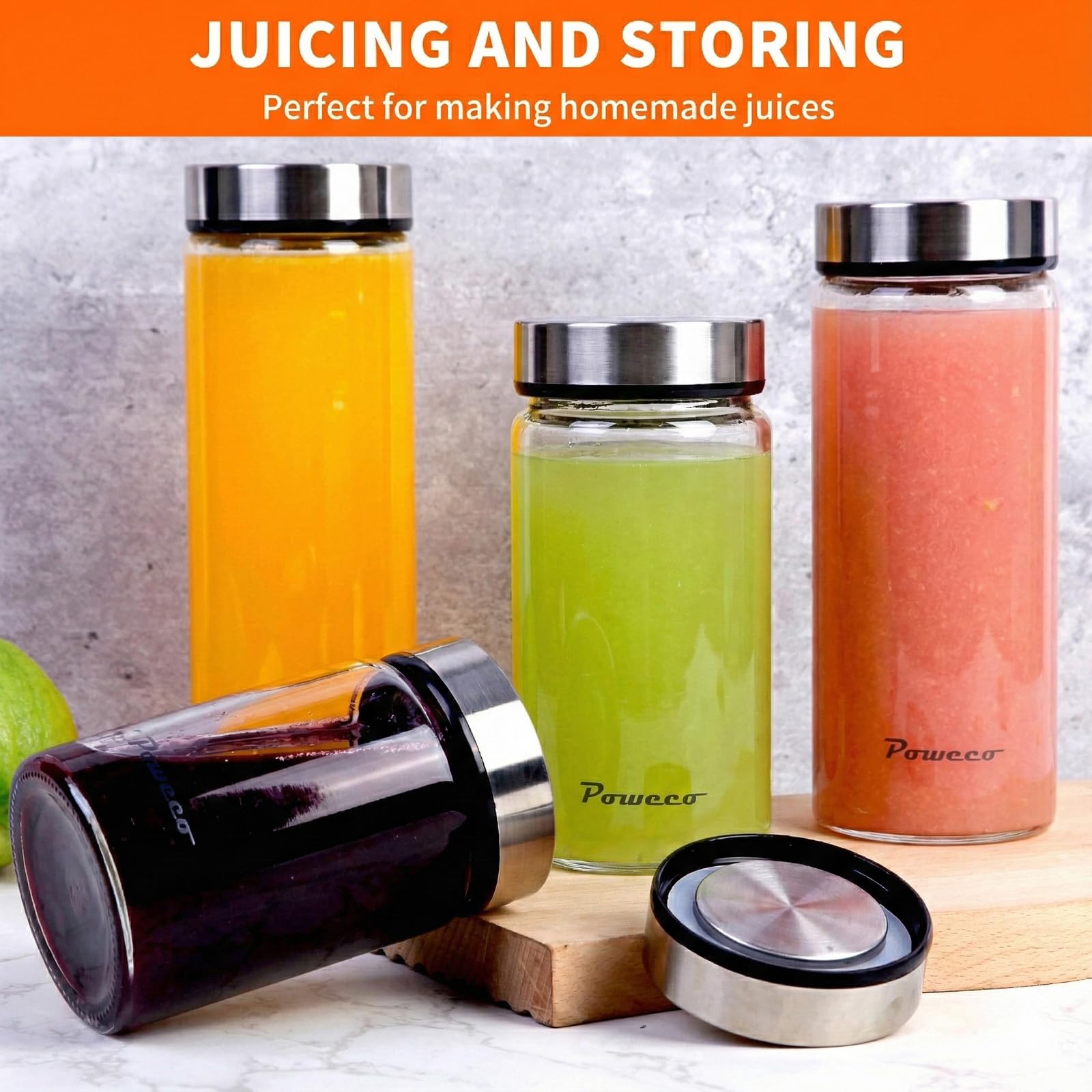 poweco Glass Juice Bottles 6 Pack 16 oz - Wide Mouth Glass Water Bottles with Lids - for Juicing, Protein, Smoothie, Milk, Reusable, BPA Free, Stainless Steel Lids, Blender, Shaker Bottle (500ml)