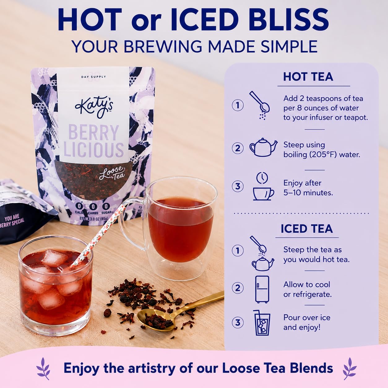 Katy’s Berry Loose Leaf Tea - Hibiscus, Blueberry & Cranberry - Fruity Herbal Tea, Caffeine-Free, Sugar-Free - Hot or Iced Tea - 30+ Cups