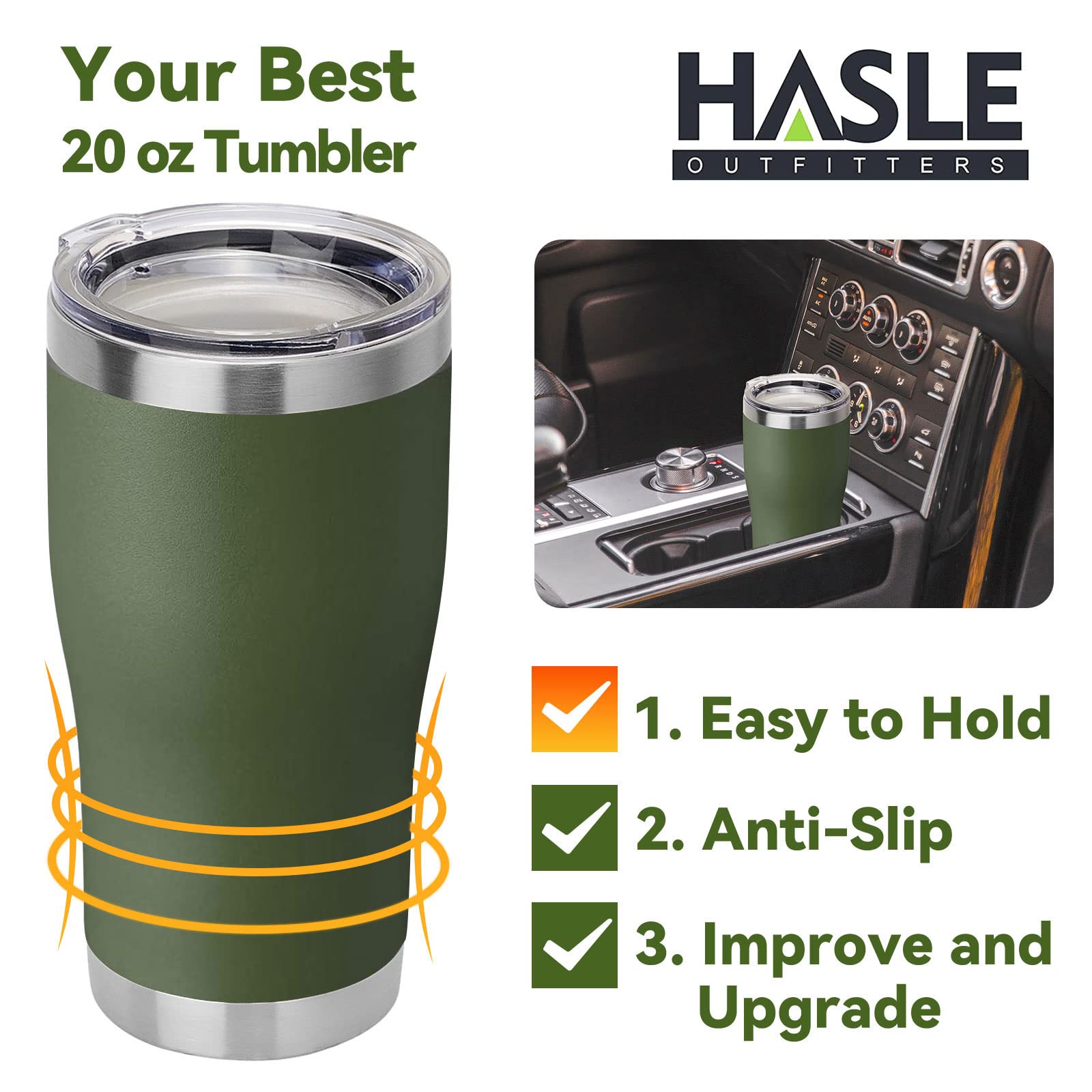 HASLE OUTFITTERS 20 oz Tumbler Bulk, Stainless Steel Tumblers with Lid, Vacuum Insulated Tumbler, Double Wall Powder Coated Cup, coffee mugs, Army Green, 1 Pack