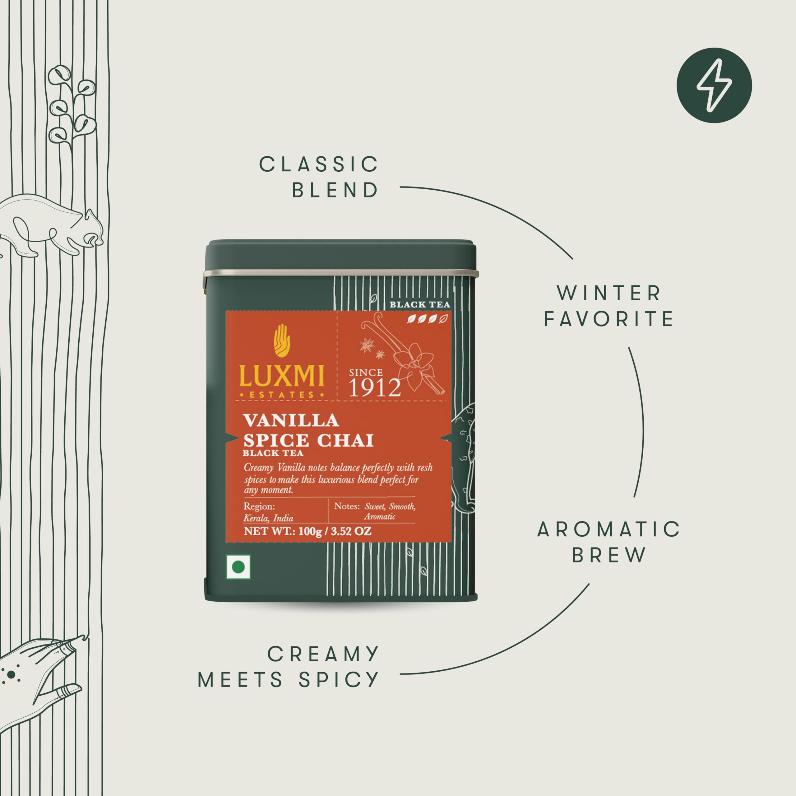 LUXMI Estates Vanilla Spice Chai Loose Leaf Black Tea 100g/3.52oz (50 cups) | Smooth, Flavorful, Robust, Caffeinated