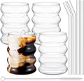 Tessco for you 4 Pcs Creative Glass Cups Vintage Drinking Glasses Ribbed Glassware Aesthetic Cup Entertainment Dinnerware Glassware with Straws Set for Kitchen Coffee Beverage(13.5 oz,Clear)