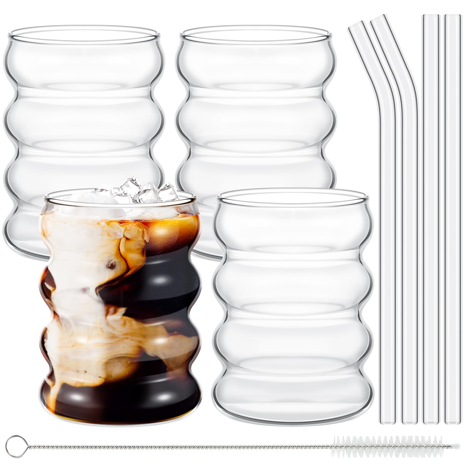 Tessco for you 4 Pcs Creative Glass Cups Vintage Drinking Glasses Ribbed Glassware Aesthetic Cup Entertainment Dinnerware Glassware with Straws Set for Kitchen Coffee Beverage(13.5 oz,Clear)