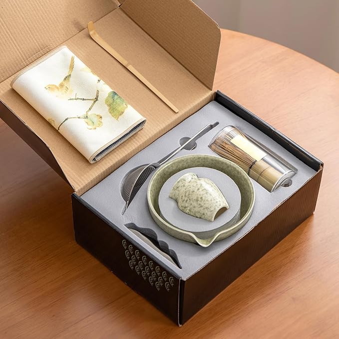 Japanese Matcha Ceremony Accessory, Matcha Whisk, Traditional Scoop (Chashaku), Tea Spoon, Whisk Holder, 1 tea bowl, 1 tea siev, The Perfect Set to Prepare a Traditional Cup of Matcha. (waitu001)