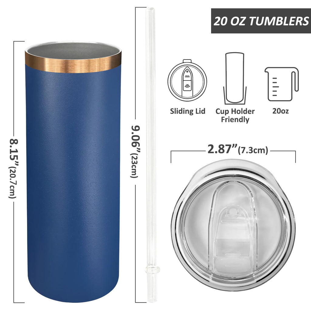 Metalya 20 oz Skinny Tumblers Bulk with Lids and Straws Navy,8 pack