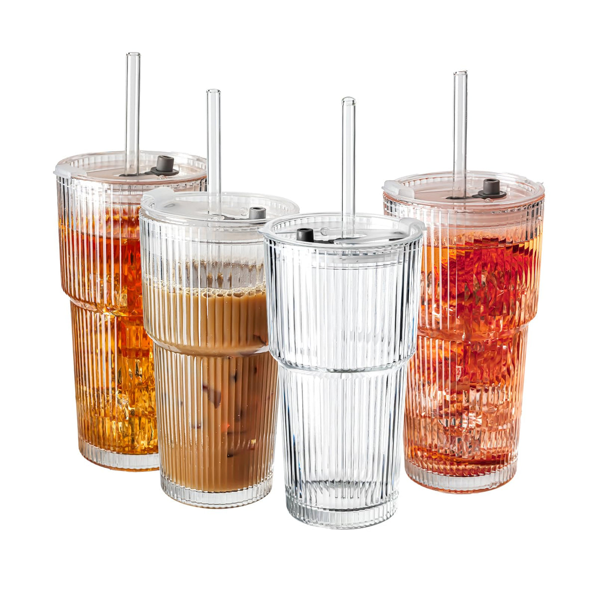 20oz Glass Tumblers with Lids and Straws - Stylish Vintage Ribbed Design for Iced Coffee, Juice, Smoothies, Milkshakes, Cold Beverages & Whiskey Cocktail Beer - Includes Cleaning Brush (2pack-Frosted)