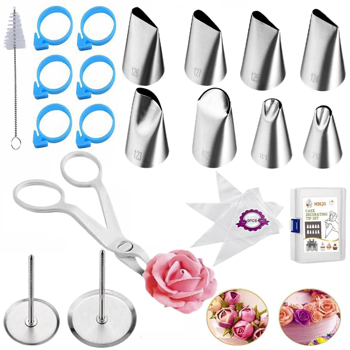 MDLJG 23Pcs Cake Decorating Tools Set, Stainless Steel Rose & Petal Icing Piping Tips with Flower Nails, Flower Lifters, Brush, Piping Bags and Pastry Bag Ties for Cake Cupcake Fondant Cookie Baking