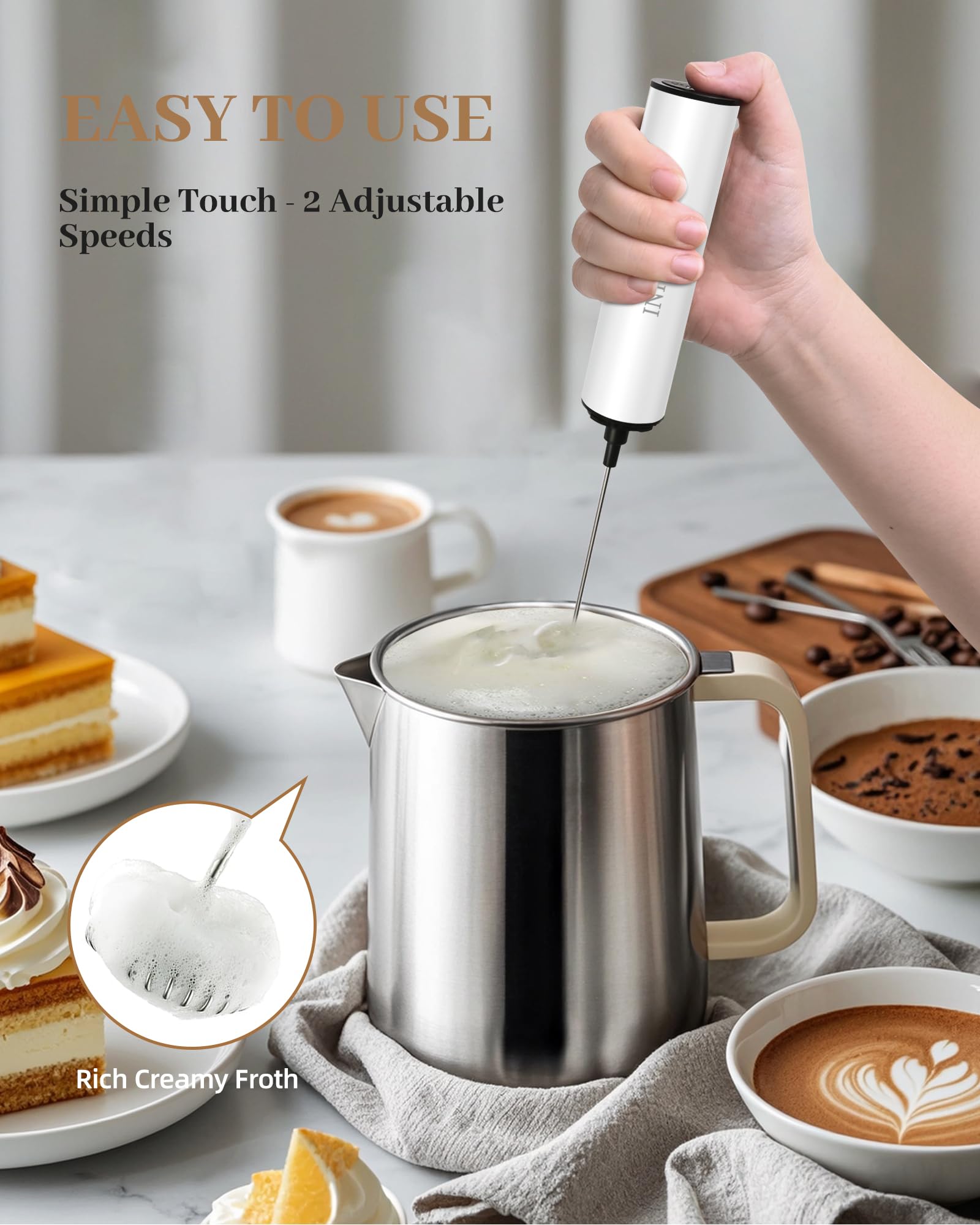 INFOOD Rechargeable Milk Frother with Cover, 2-Speed, 2 Whisks, White