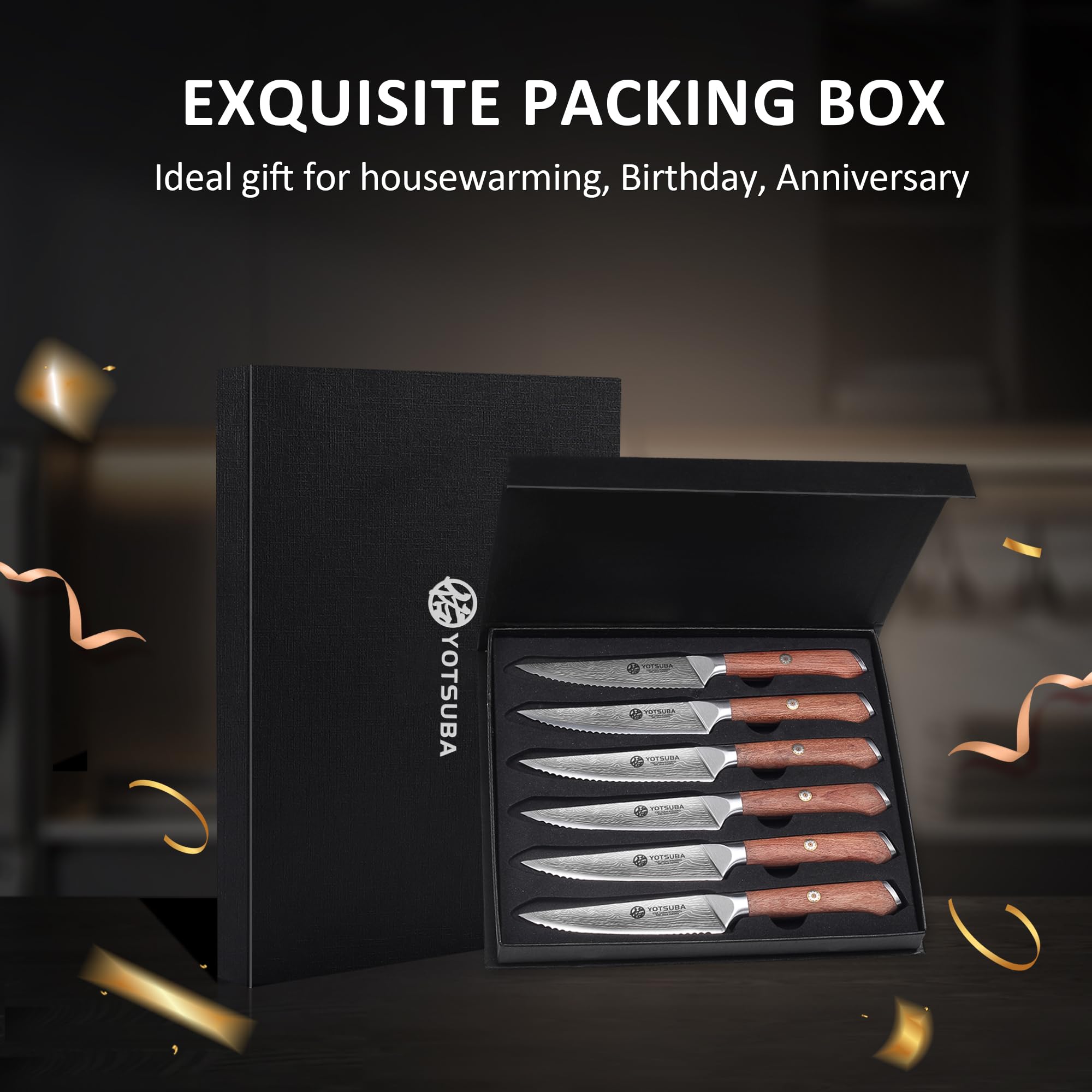 YOTSUBA Steak Knives Set of 6, Razor-Sharp 4.5 Inch Japanese Serrated Steak Knife Set, Full Tang Forged High Carbon Steel Dinner Knives with Ergonomic Handle and Gift Box