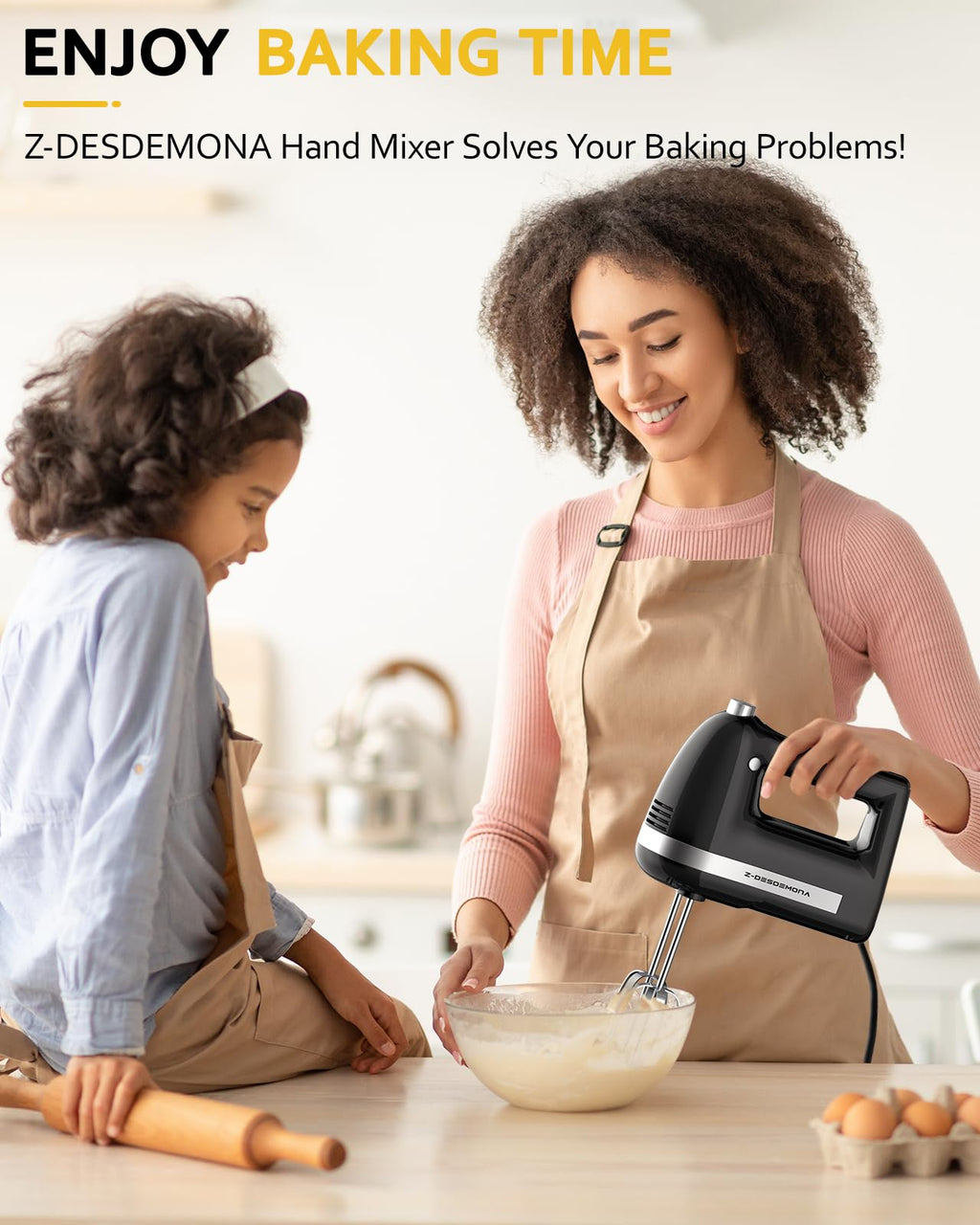 Z-DESDEMONA Electric Hand Mixer, Powerful Hand Mixer Electric Handheld with 304 Beaters, Dough Hook, Whisk, Hand Held Mixer with Turbo for Baking Cakes, Eggs, Cream Food(Black)