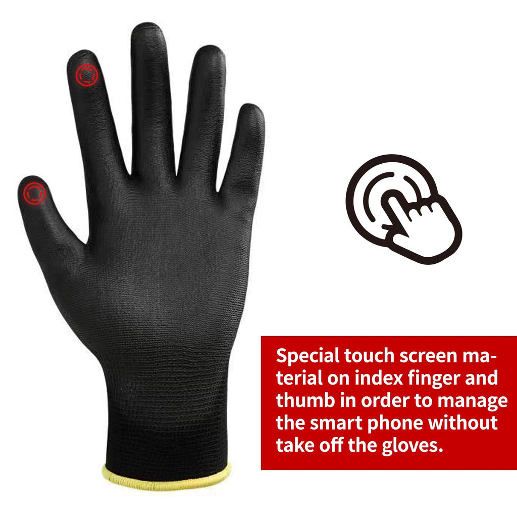 DULFINE Touchscreen Safety Work Gloves for Men 12 Pairs, PU Coated Black M